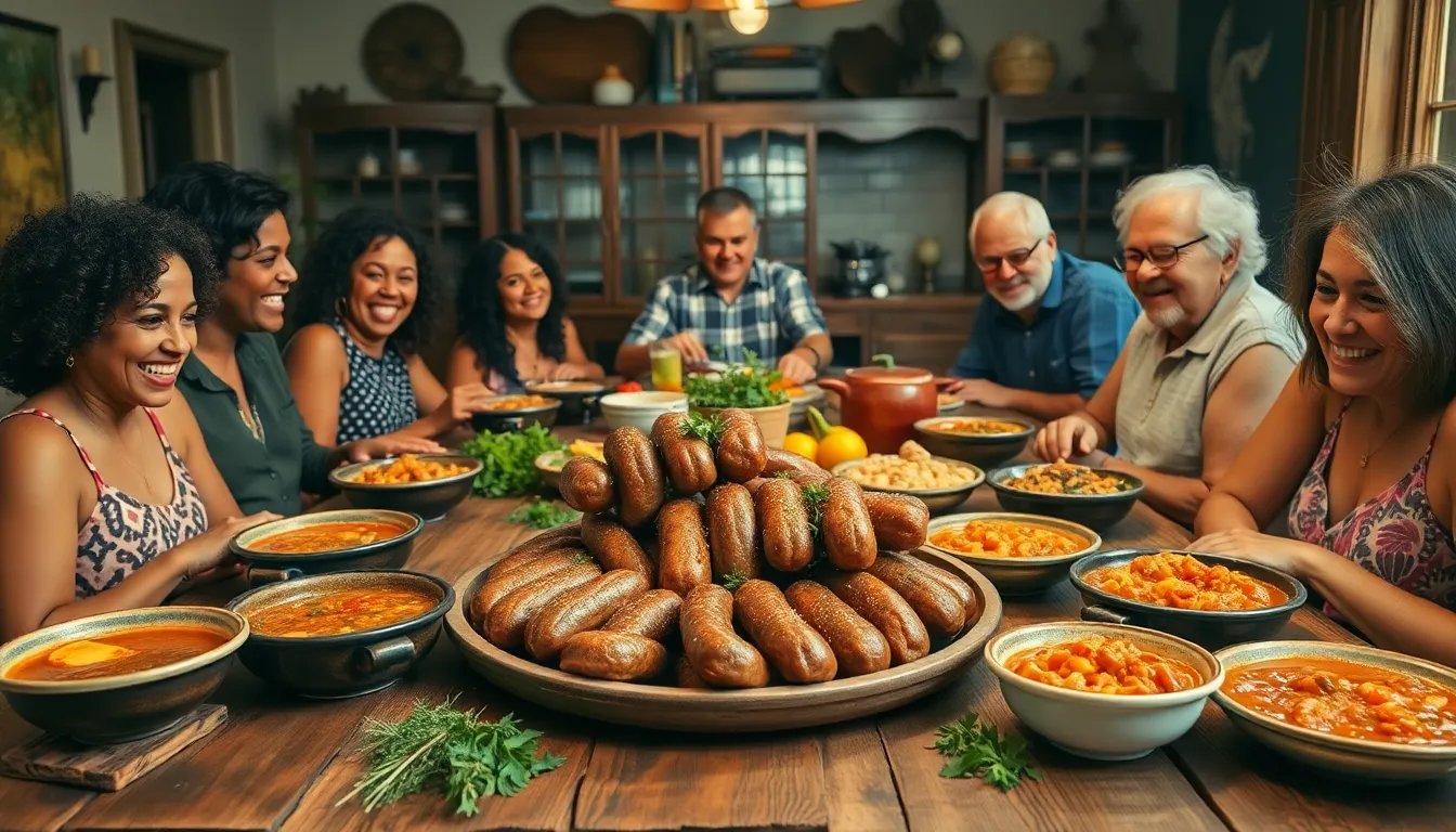 Cajun family enjoying traditional sausage and dishes around a wooden table.