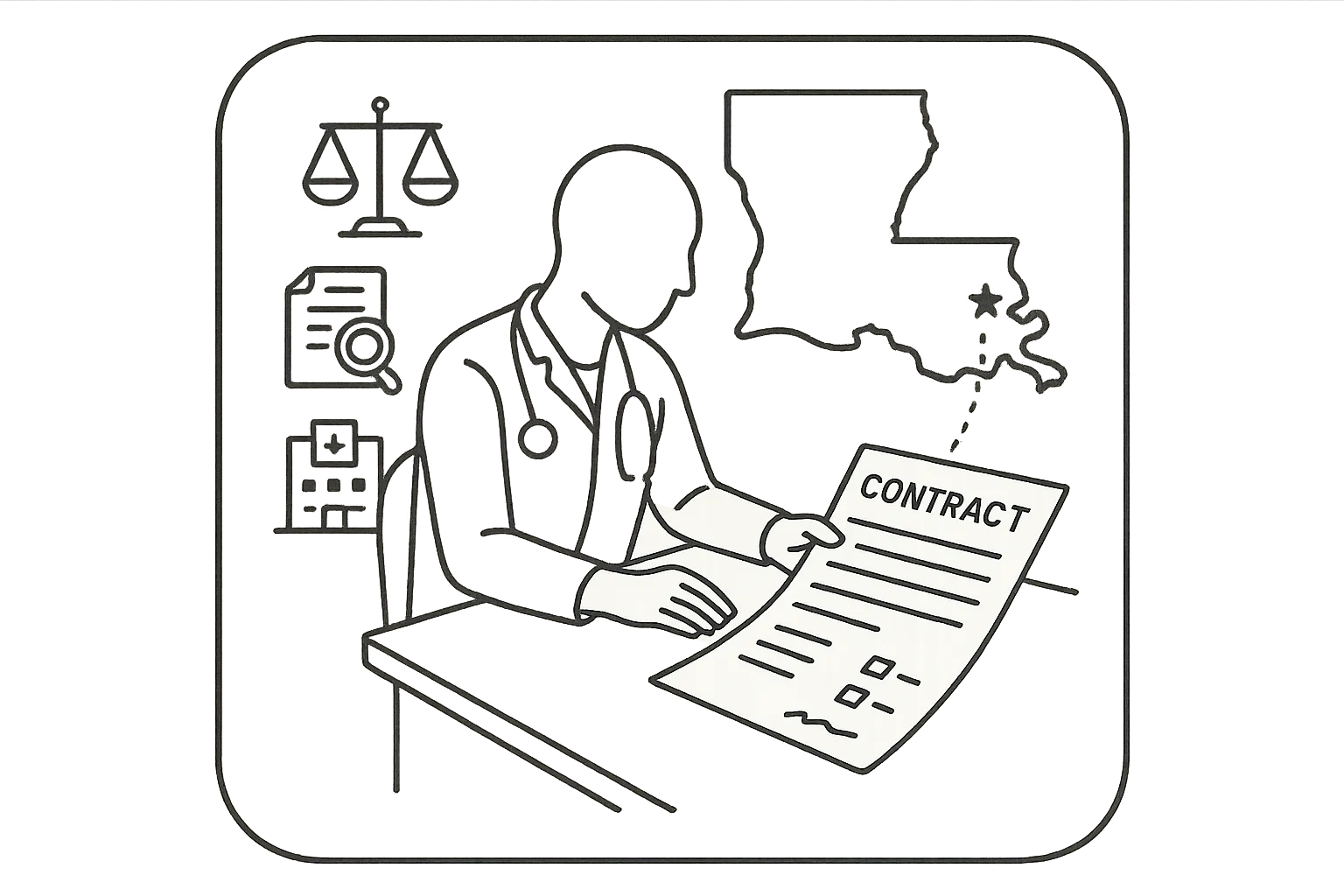 PA reviewing a contract at a desk with Louisiana map and legal icons of Louisiana Physician Assistant Contract Review.
