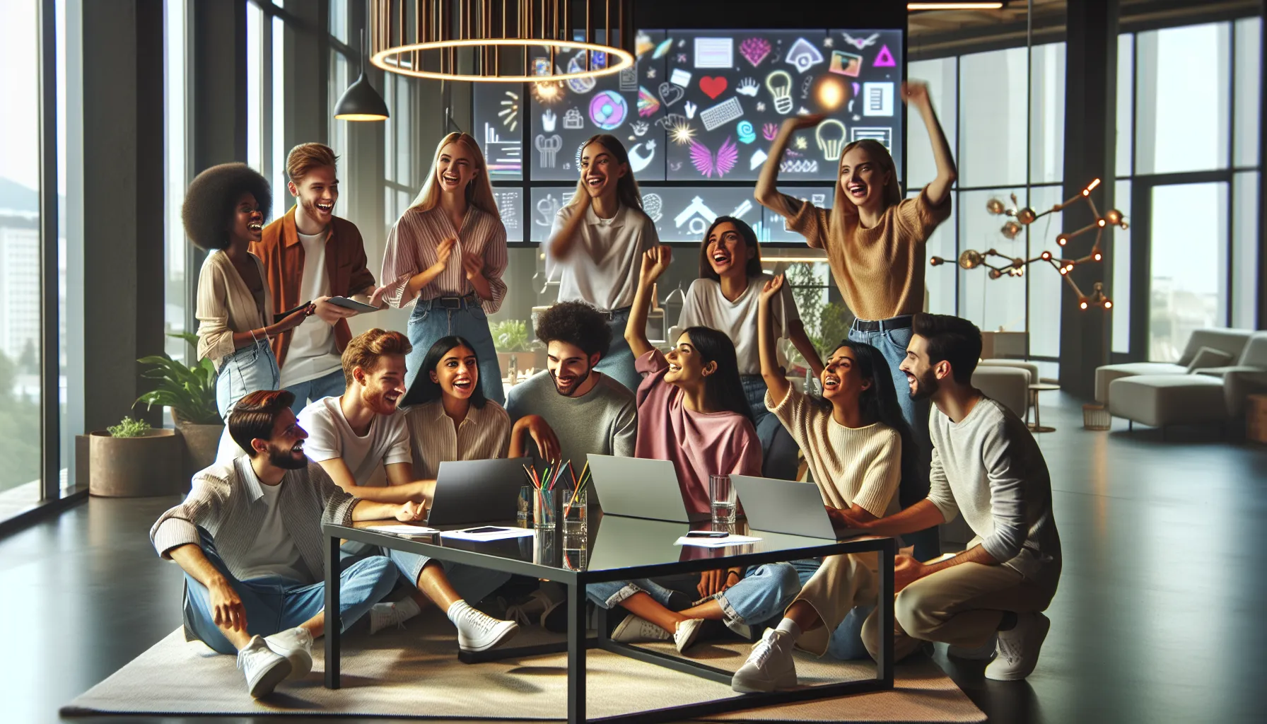 diverse group engaged in lively discussion at a modern workspace.