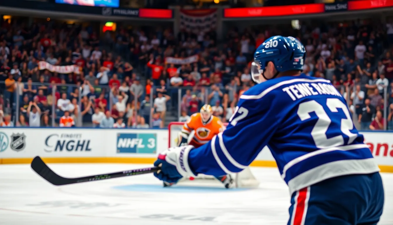 Hockey player preparing to shoot during an intense game in a packed arena.