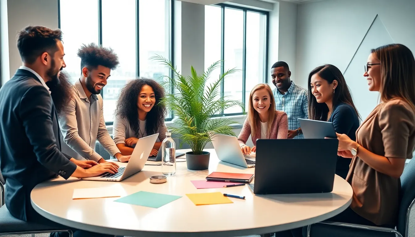 diverse professionals collaborating in a modern workspace.