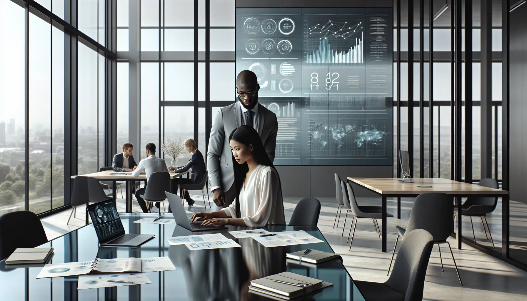 diverse professionals collaborating in a modern office setting.