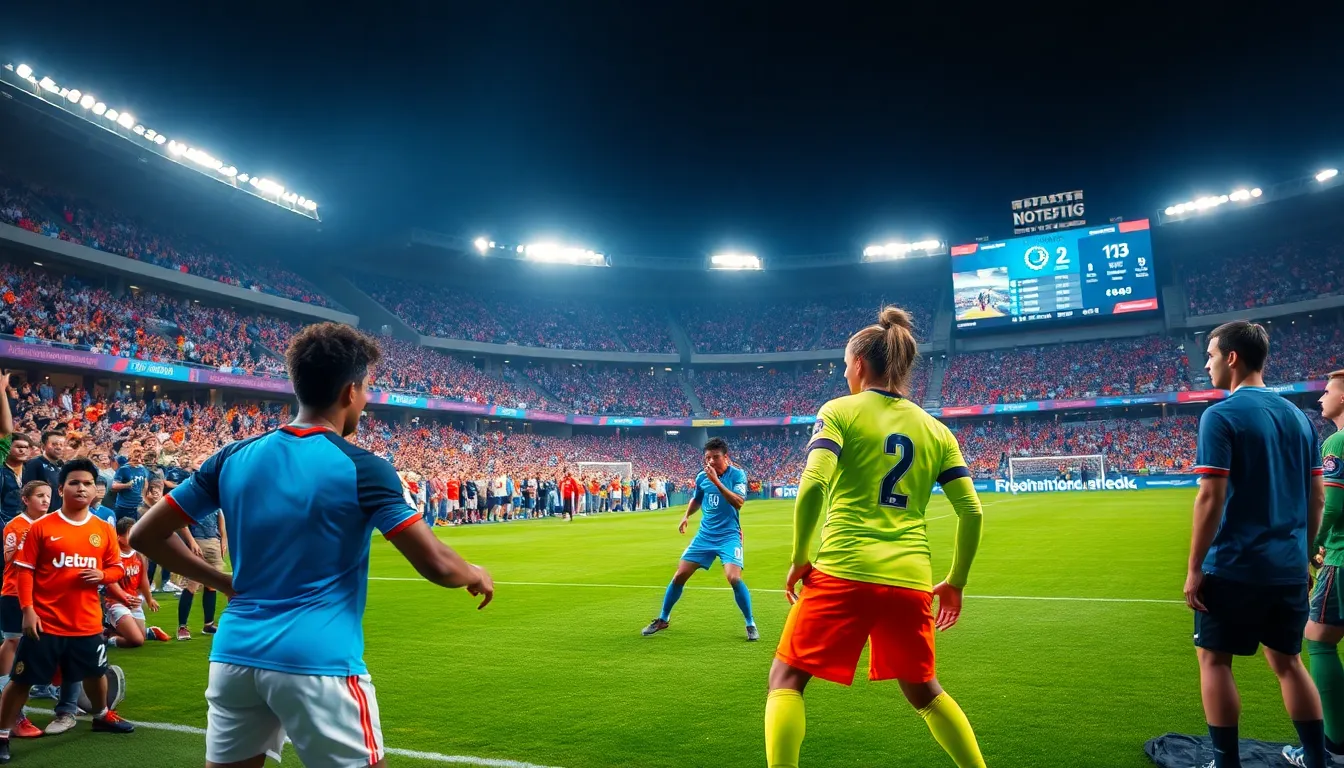 football players in an energetic stadium surrounded by cheering fans.