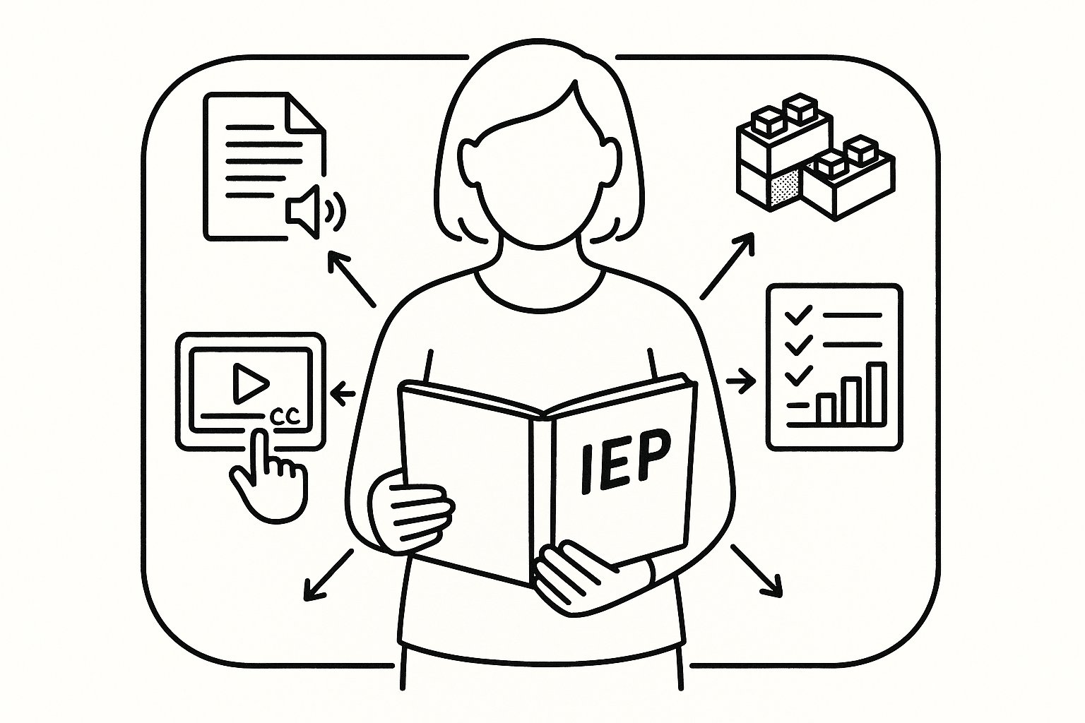 Teacher holding an IEP binder with icons for audio, manipulatives, tablet, and checklist. - Instructional Materials for Special Education A Practical Guide to Choosing Adapting and Using Resources in 2026