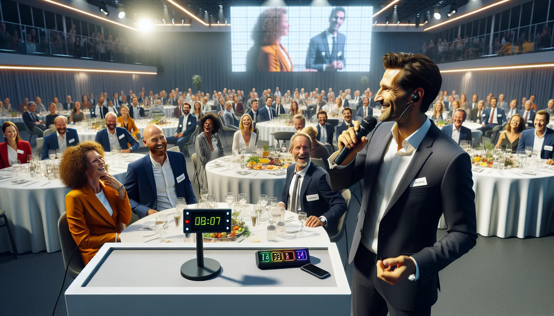 Live quiz host leading a company party game show in norway.