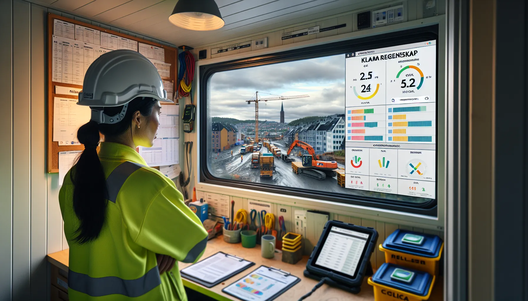 Site manager reviews climate dashboard and kpis in a norwegian construction cabin.