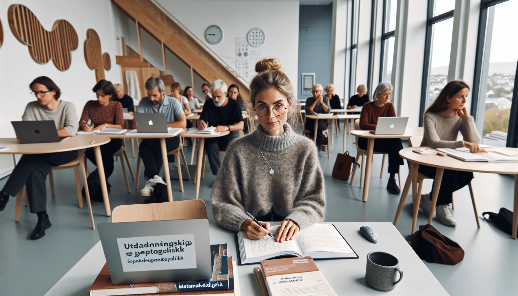 Norwegian teacher studies master-level education materials in a modern university seminar room.