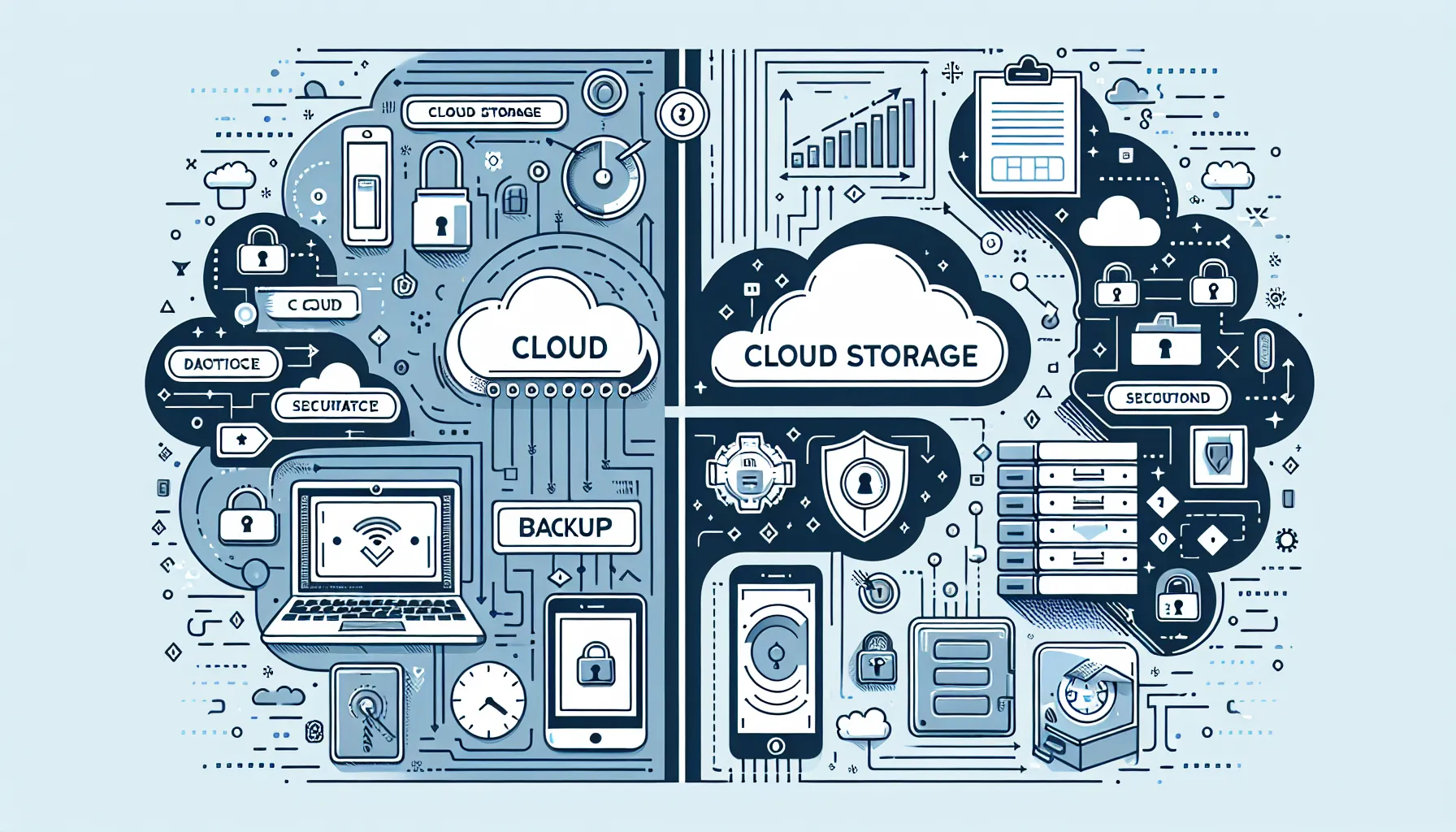 A graphic contrasts cloud storage and cloud backup using icons and digital themes.