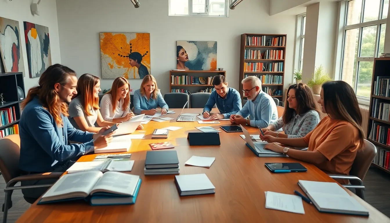 diverse team collaborating in a vibrant publishing office.
