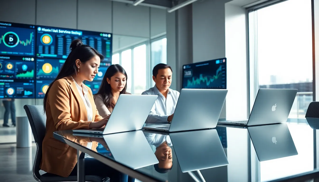 diverse professionals analyzing cryptocurrency charts in a modern office.