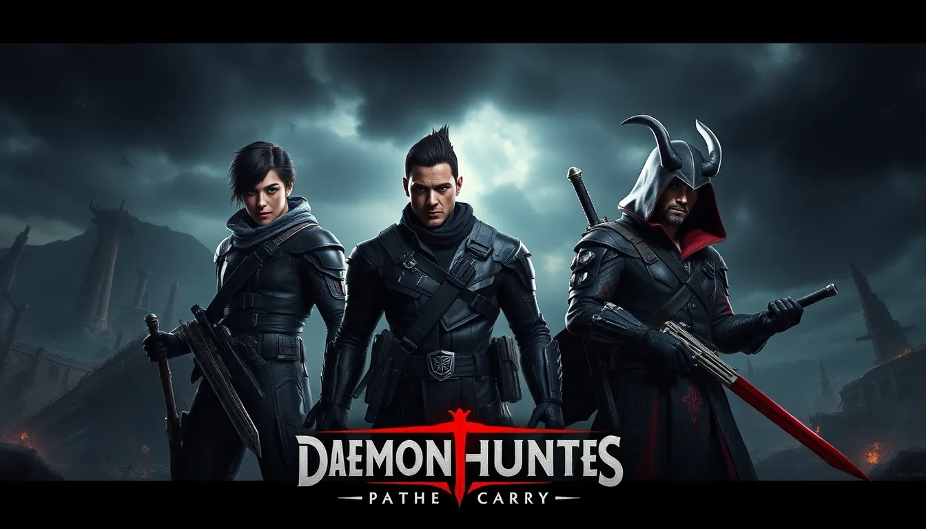 diverse group of daemon hunters in a dystopian landscape.