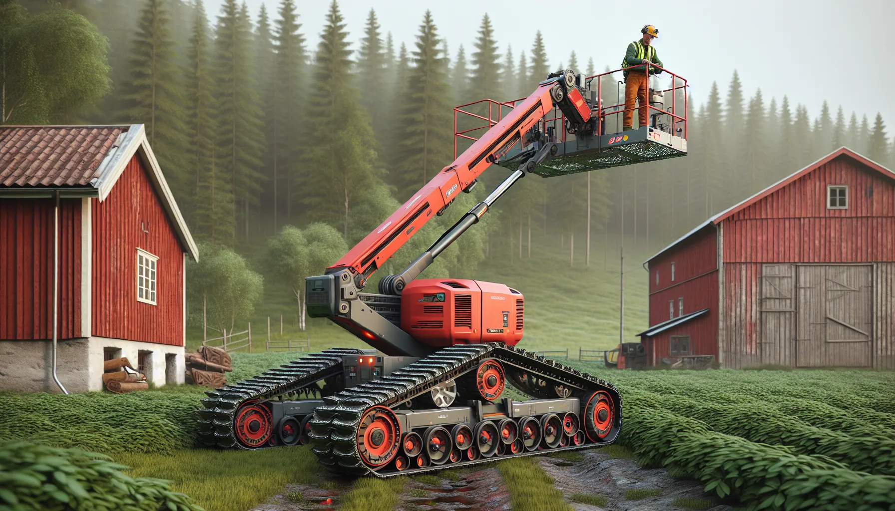 De beste løsningene for å bruke lifter i skog- og landbruksarbeid 2 Norwegian farm worker using a boom lift safely beside a barn and forest edge.