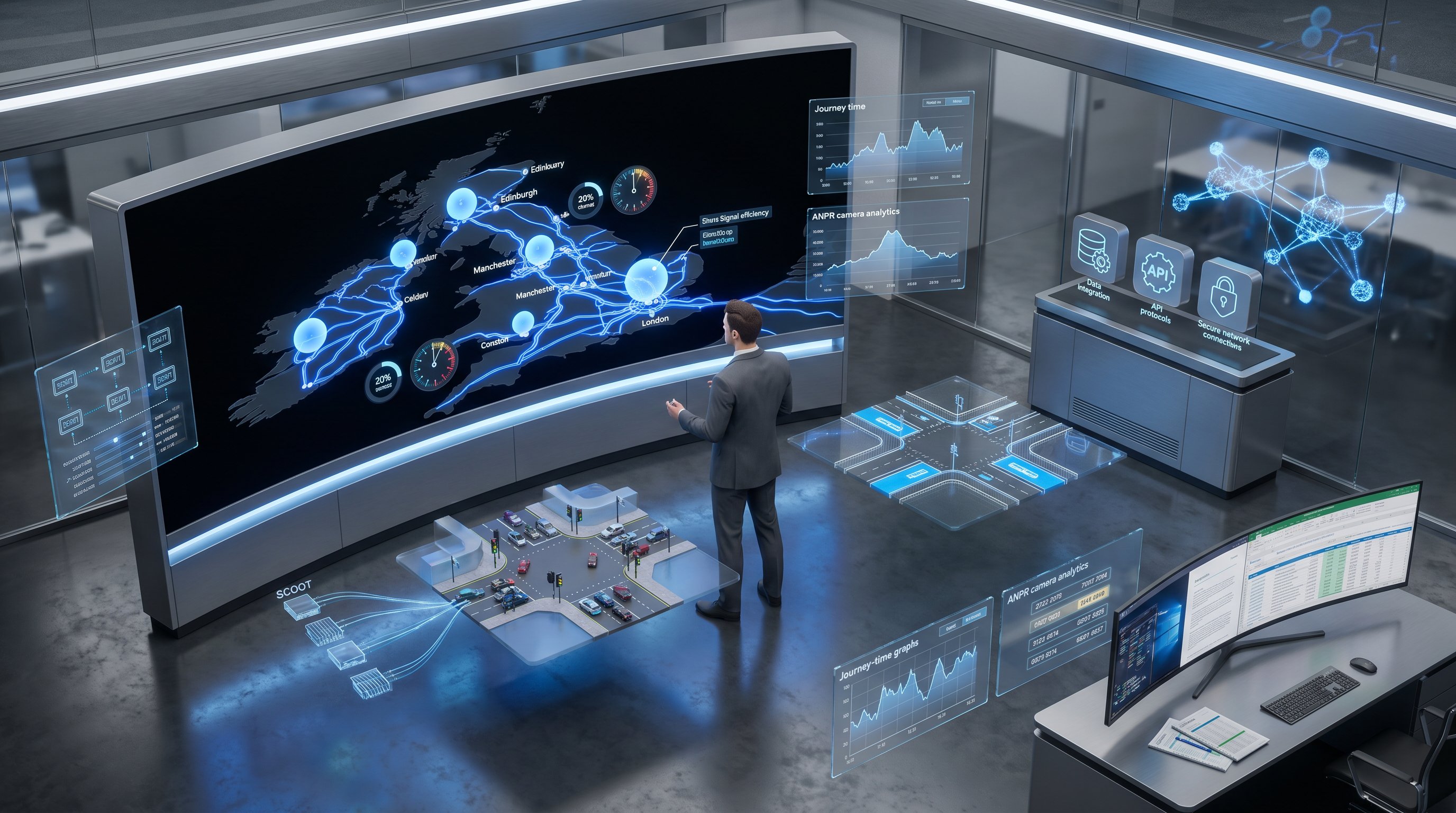 3D render of transport consultant with intelligent traffic management system display in UK planning office.