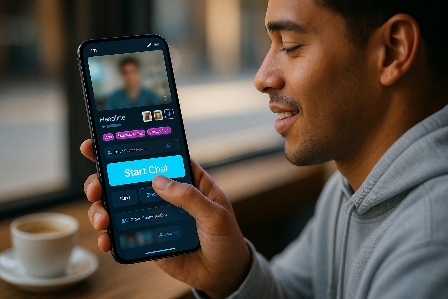 Person tapping a bright cyan “Start Chat” button on a GayPage app phone screen.