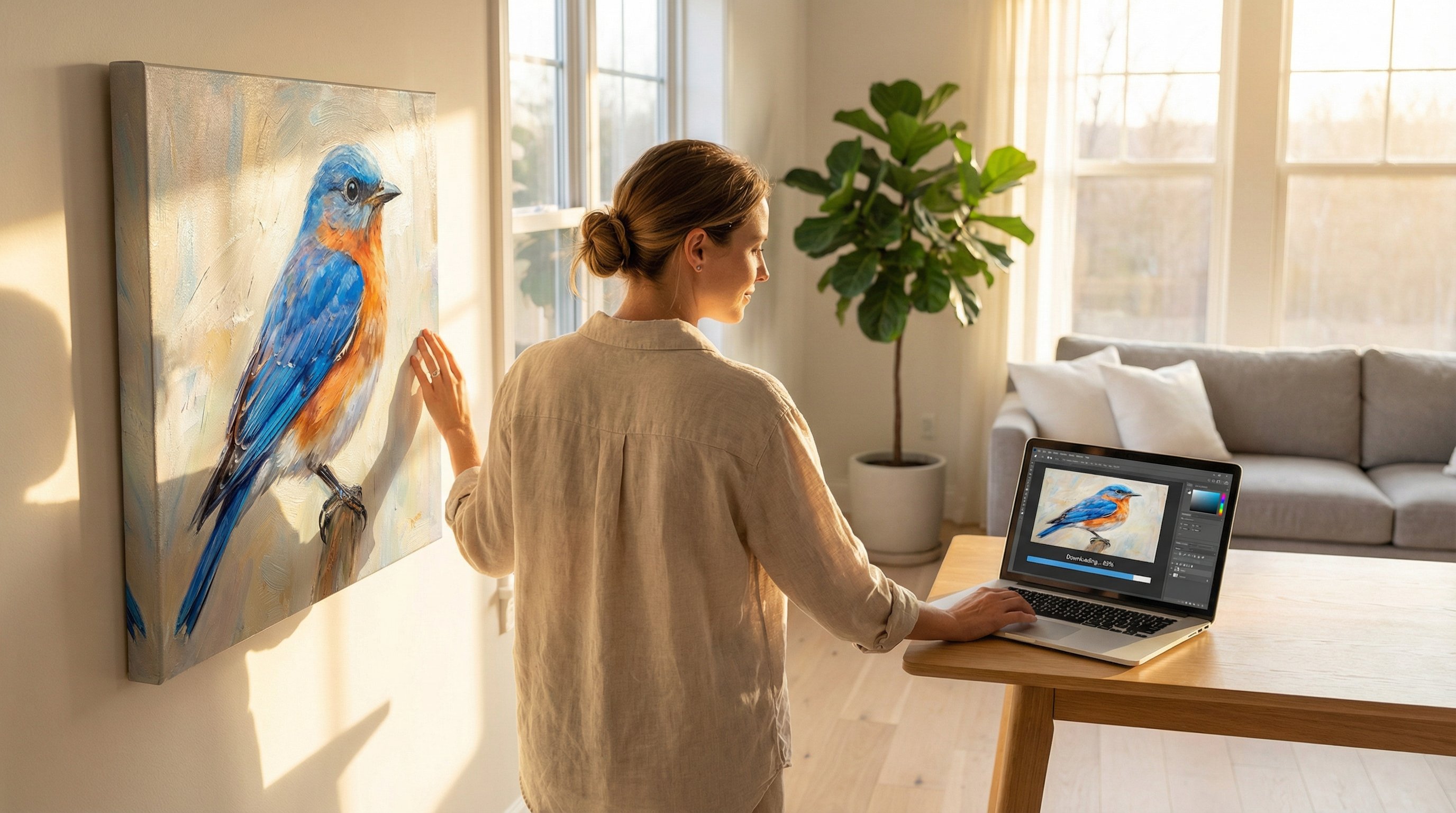Woman comparing a canvas bird portrait on a wall with a digital version on a laptop.