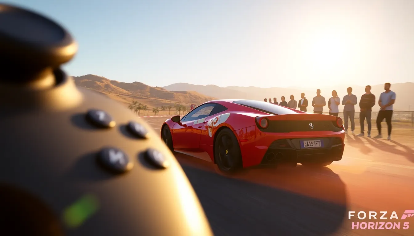 A sports car racing on a vibrant track with gamers watching.