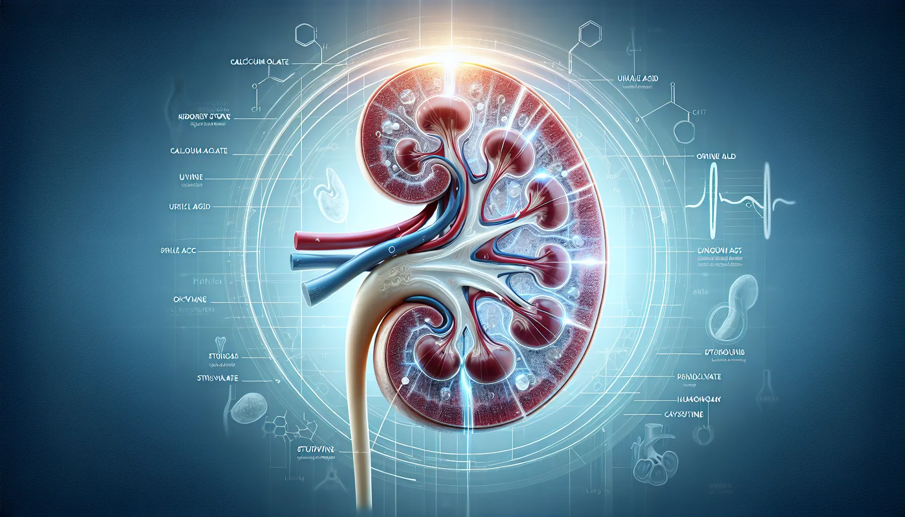 Illustration of kidneys with highlighted kidney stones and stone types.