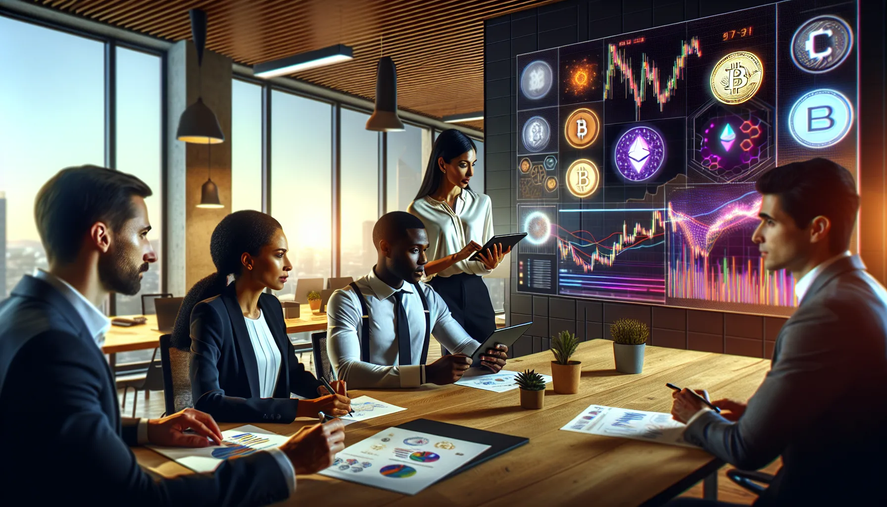 diverse professionals discussing cryptocurrency trends in a modern office.
