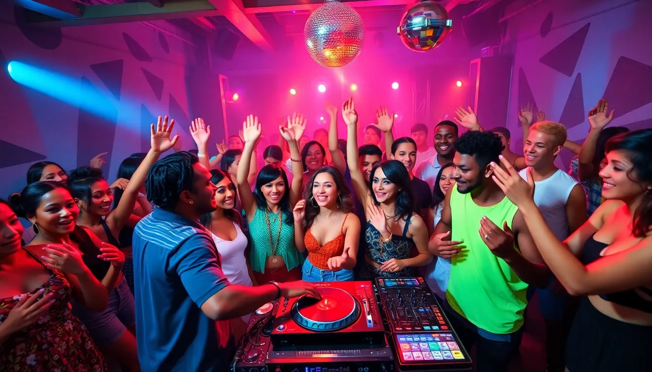 diverse group dancing at a vibrant party celebrating 2022 dance hits.