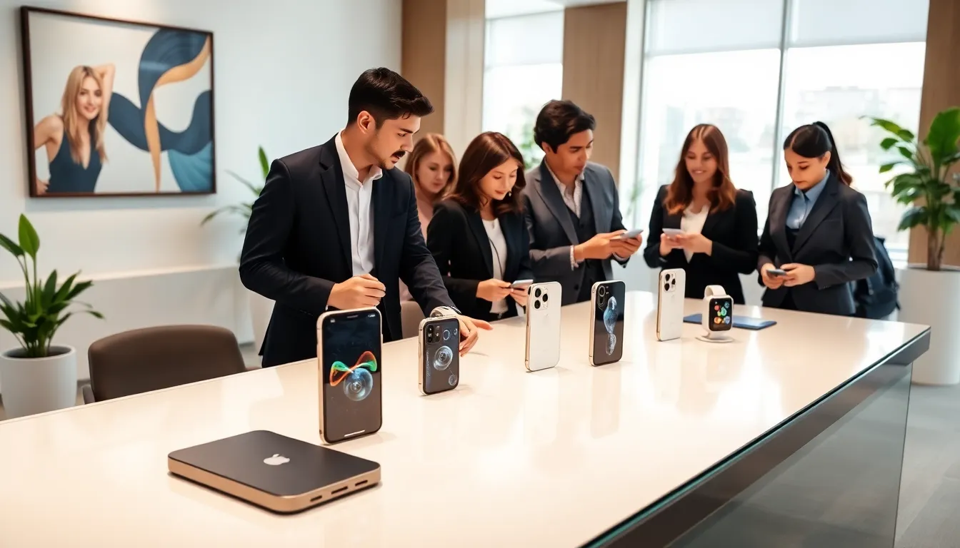 diverse professionals discussing the latest Apple products in a modern office.