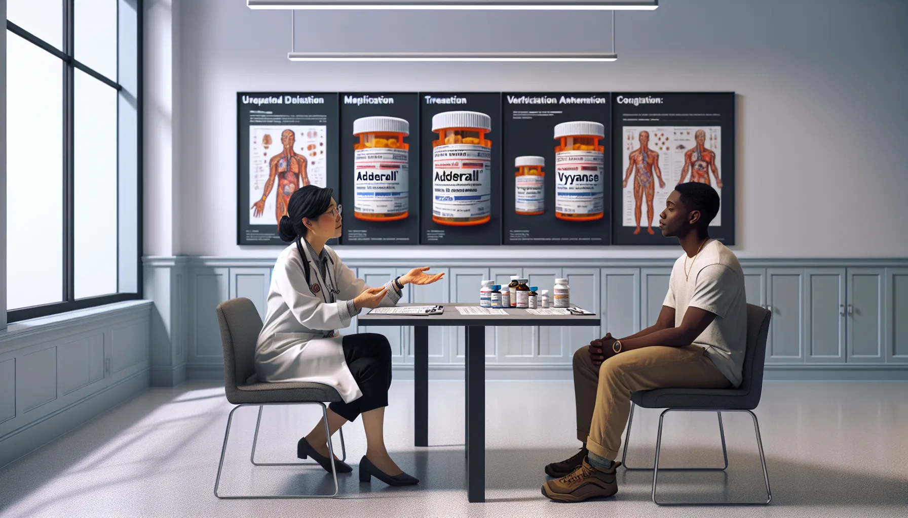 A doctor explaining Adderall and Vyvanse to a patient in a clinic.