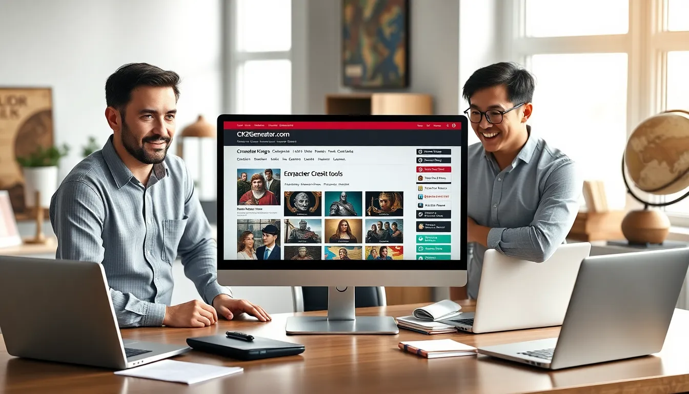 professionals collaborating over a computer displaying CK2Generator.com.