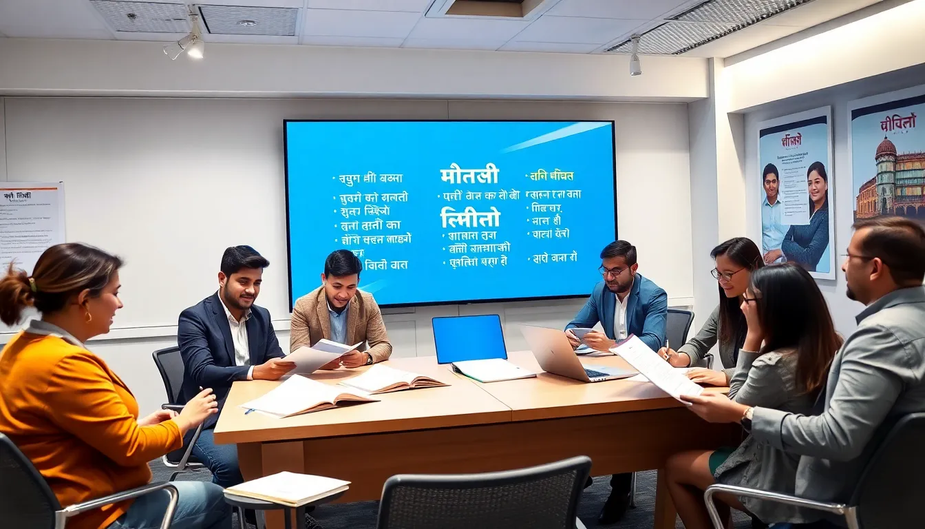 diverse group learning Hindi in a modern classroom.