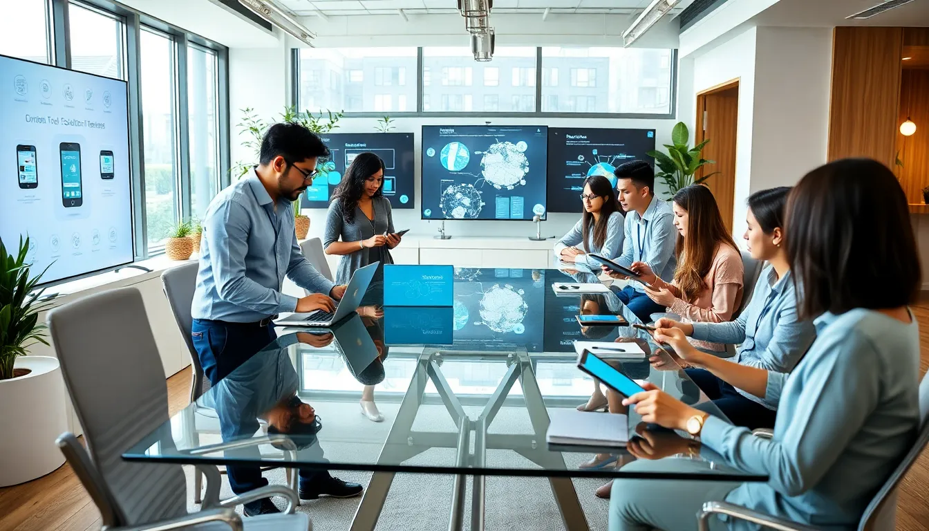 diverse professionals collaborating in a modern tech workspace.