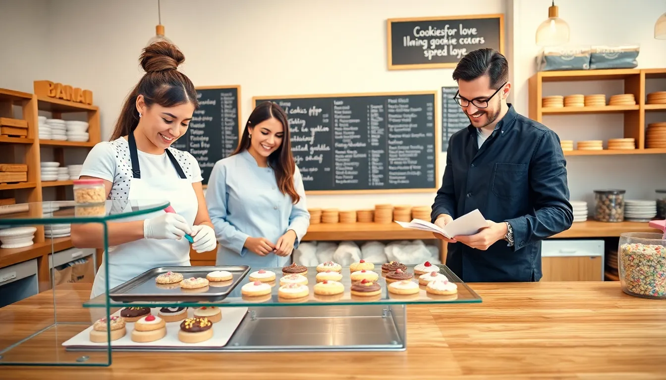 diverse bakers creating gourmet cookies in a modern bakery.