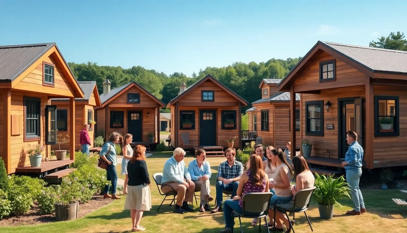 diverse individuals discussing tiny homes in a peaceful outdoor setting.