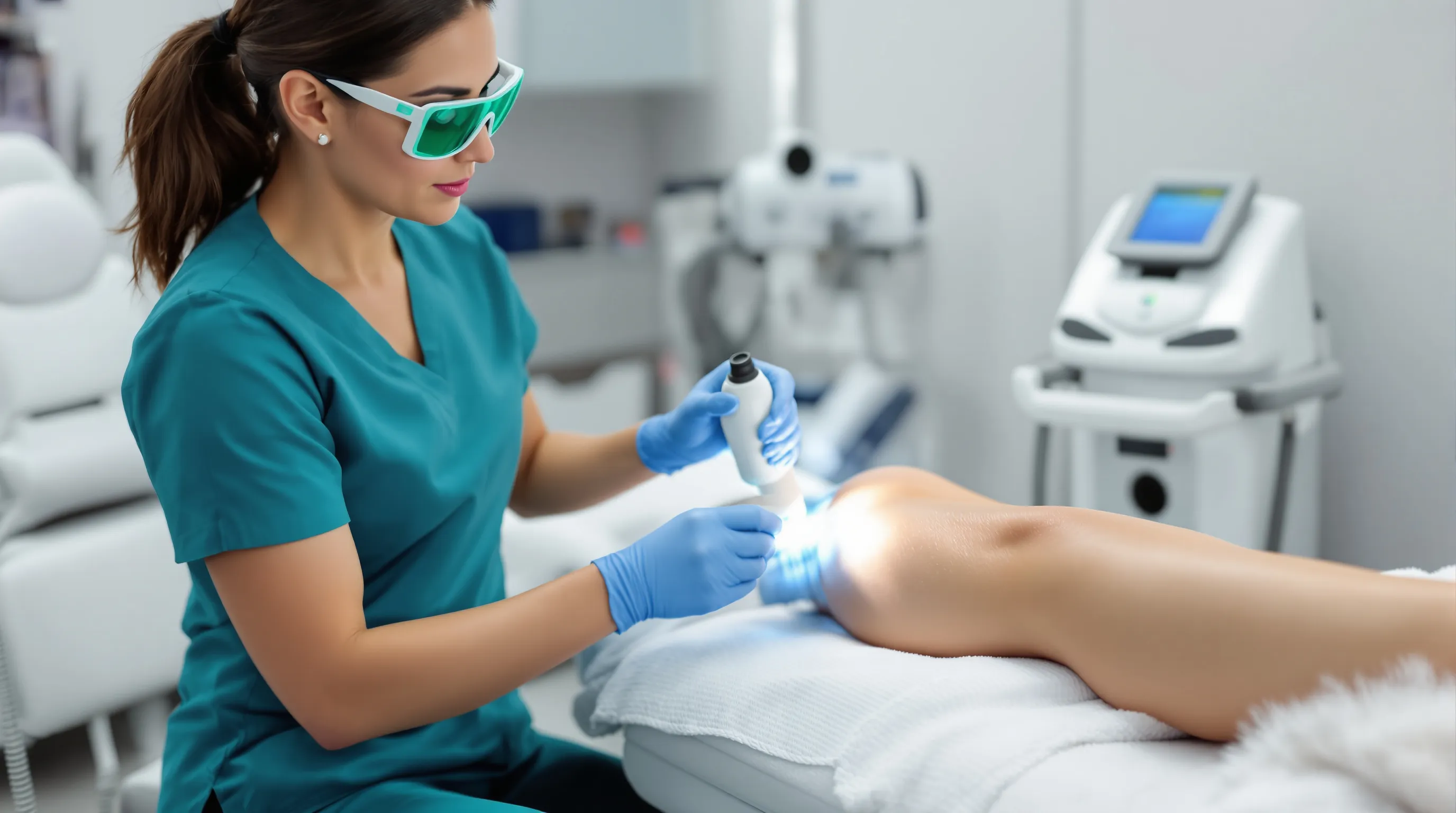 Technician using Alexandrite laser on light-skinned runner’s leg with cooling spray. Laser Hair Removal