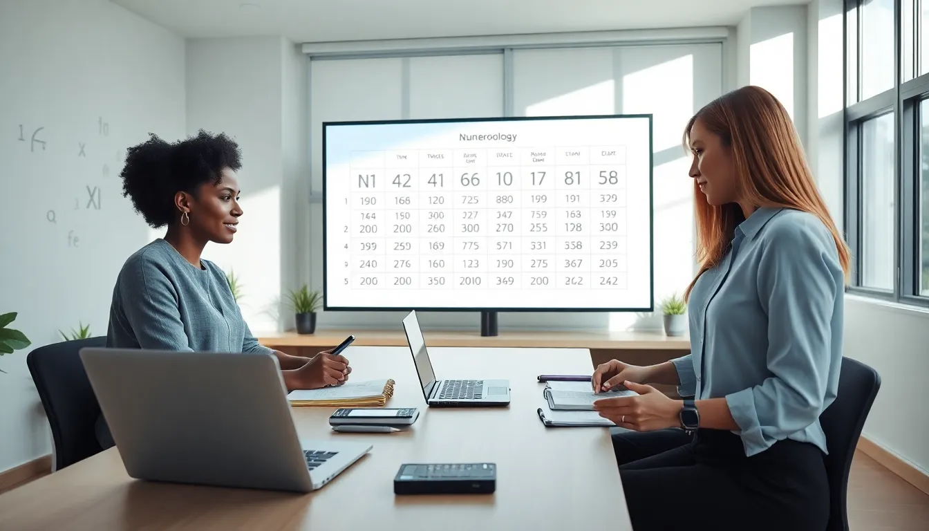 professionals analyzing numerology in a modern office setting.