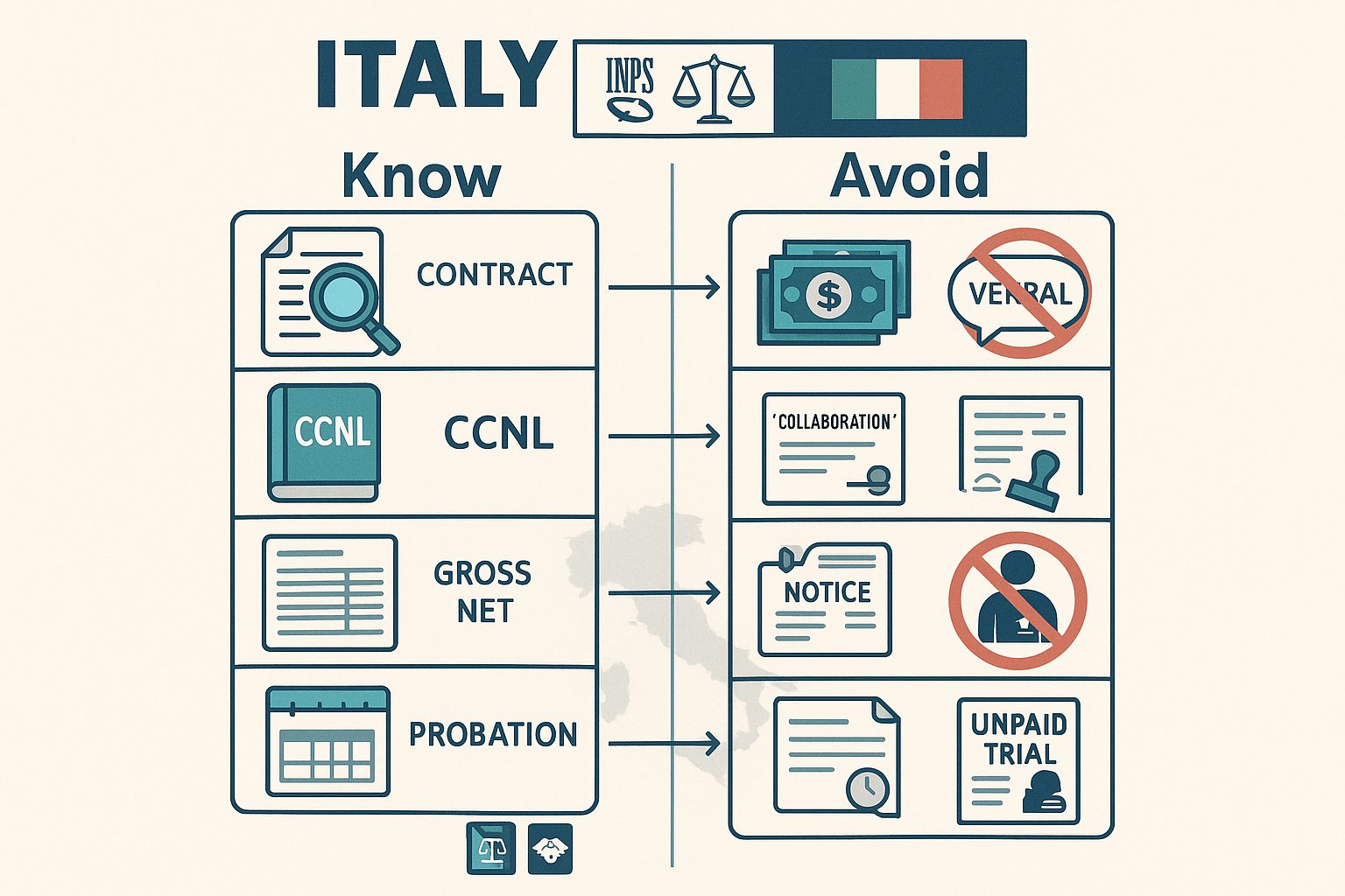 Infografica a due colonne che mostra i diritti contrattuali e gli avvertimenti sui lavori sospetti in Italia.
