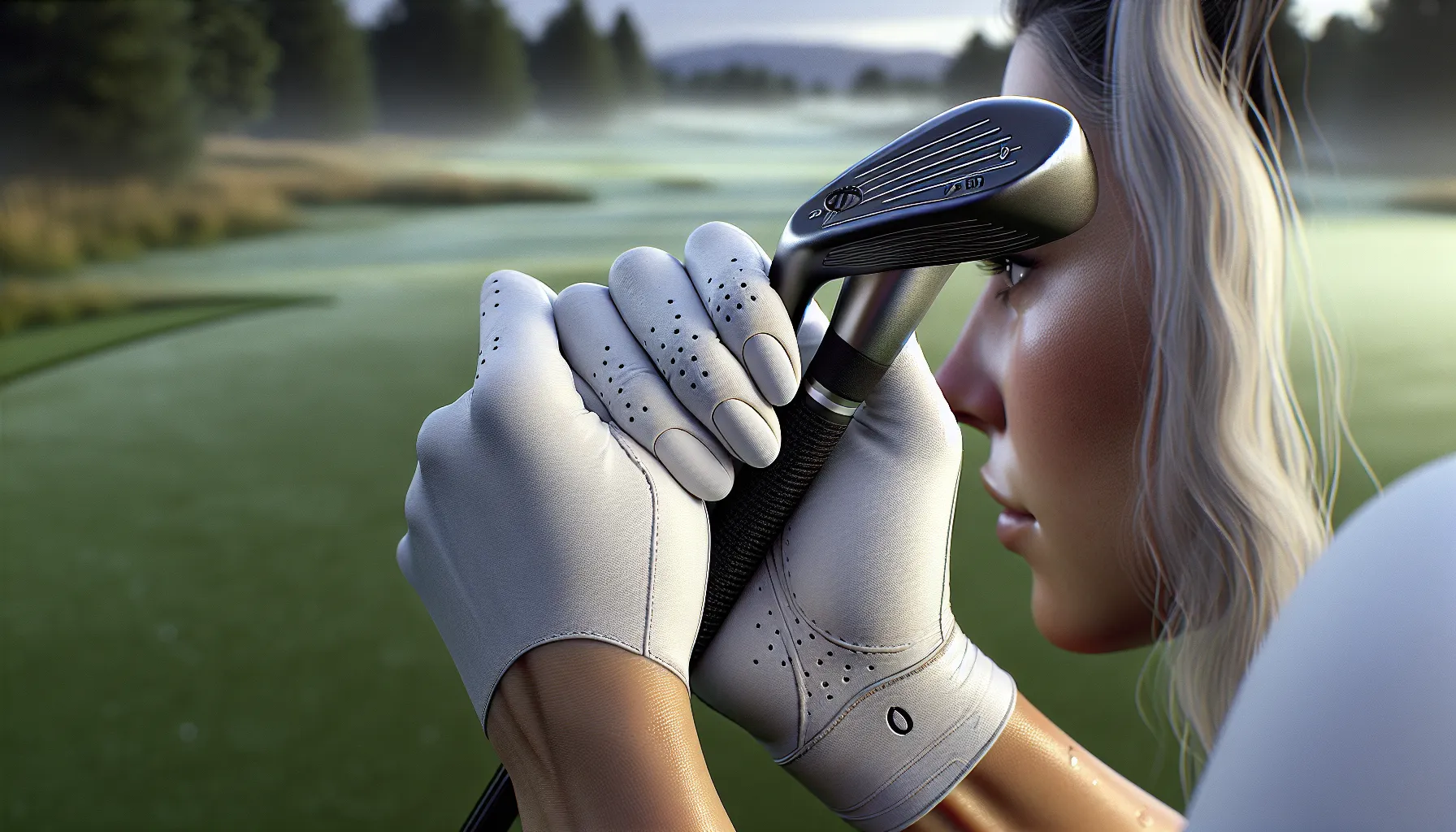 Close-up of Norwegian golfer’s relaxed neutral grip and hand placement on club.