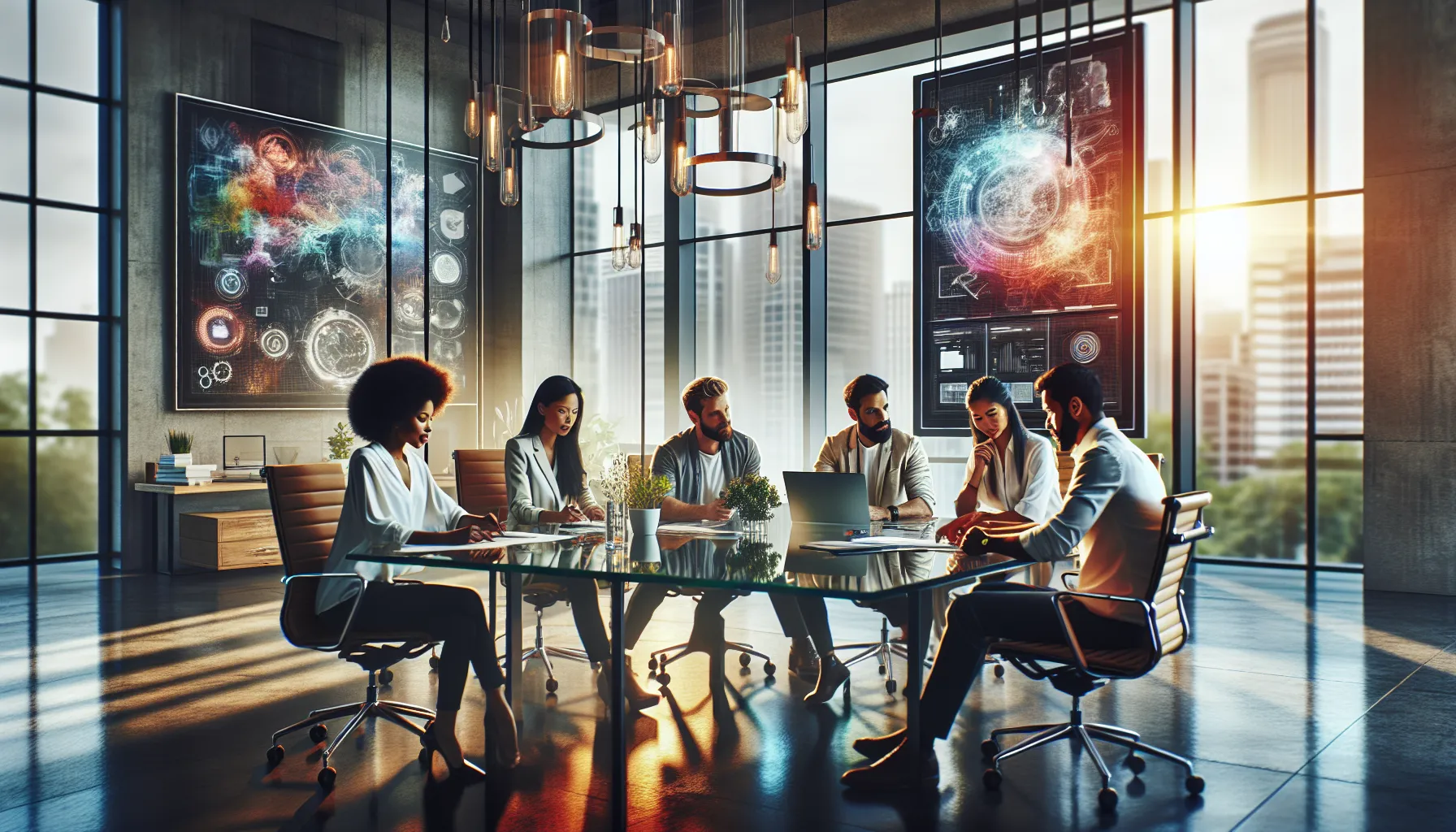 diverse team collaborating in a bright, modern office setting.