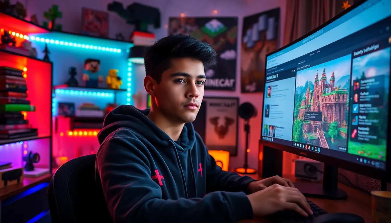 A young male gamer focused on Minecraft with vibrant decor in his room.