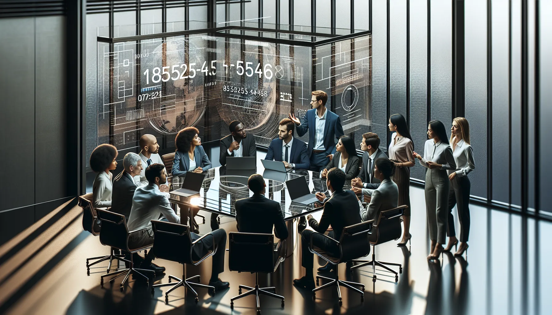 professionals discussing number formats in a modern office setting.