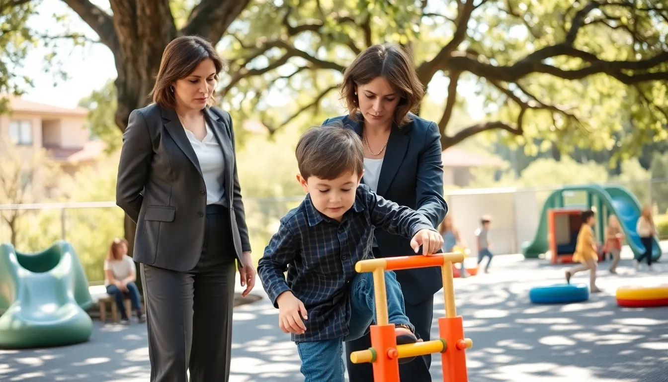 A mother watches her son play in a playground, illustrating helicopter parenting.
