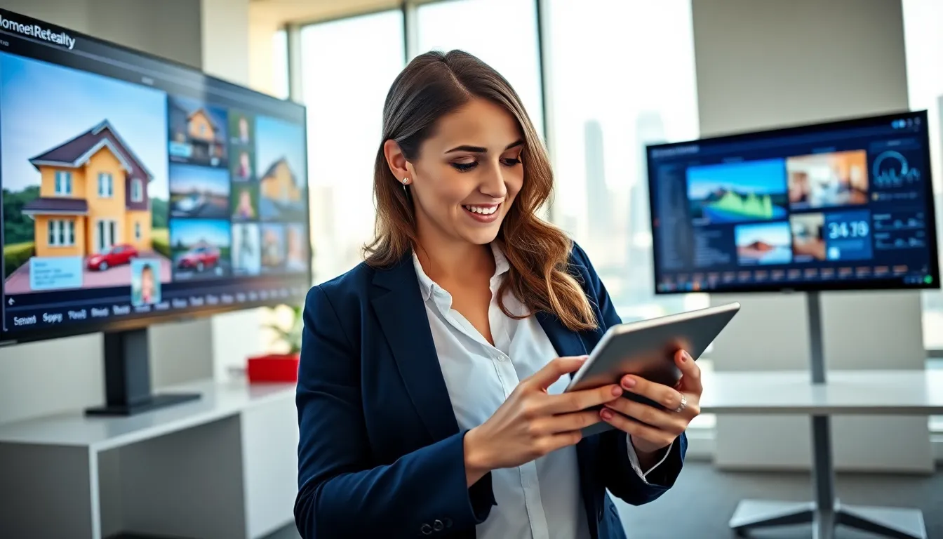 A woman exploring a virtual property tour on a tablet in a modern office.