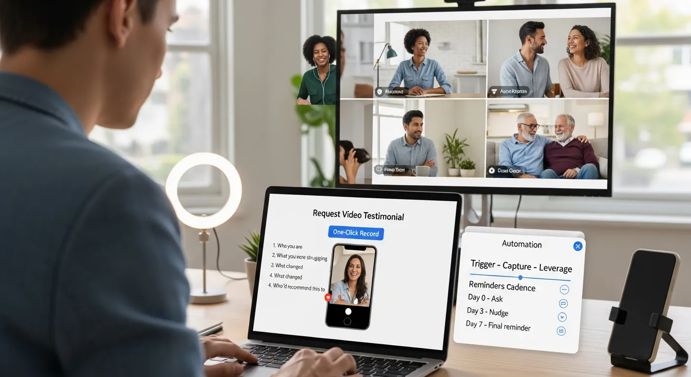Business owner using simple software to collect authentic client video testimonials on a laptop.