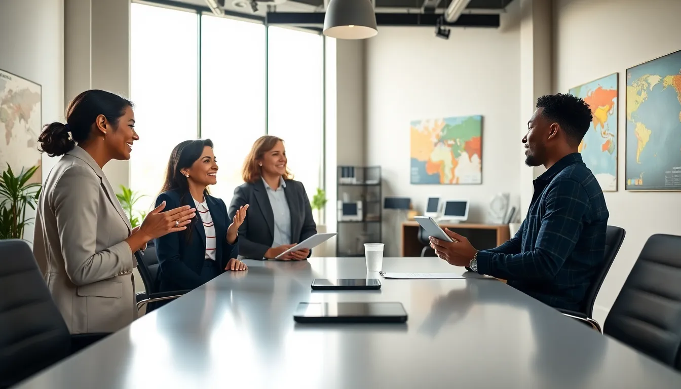diverse team discussing customer inquiries in a modern office.