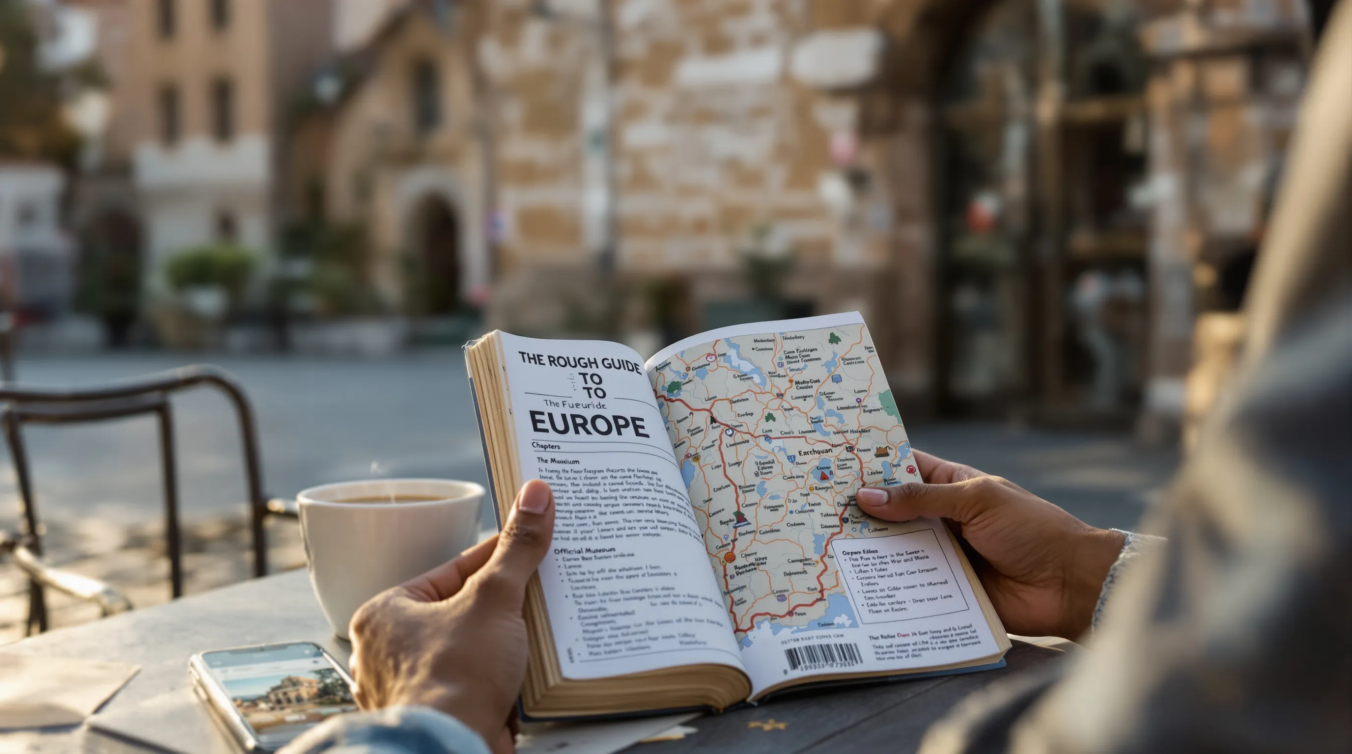 Traveler reading The Rough Guide in a quiet European square at sunset.