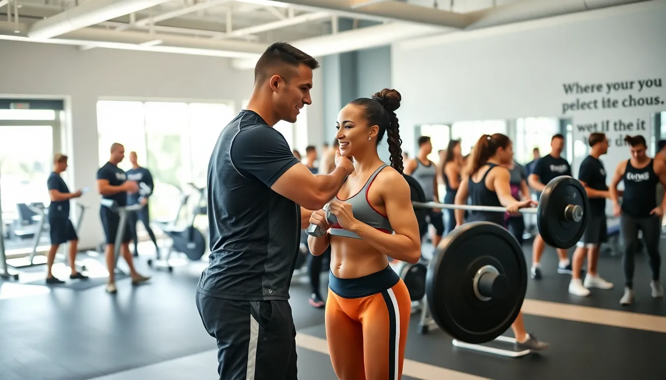 personal trainer assisting a client in a bright gym setting.