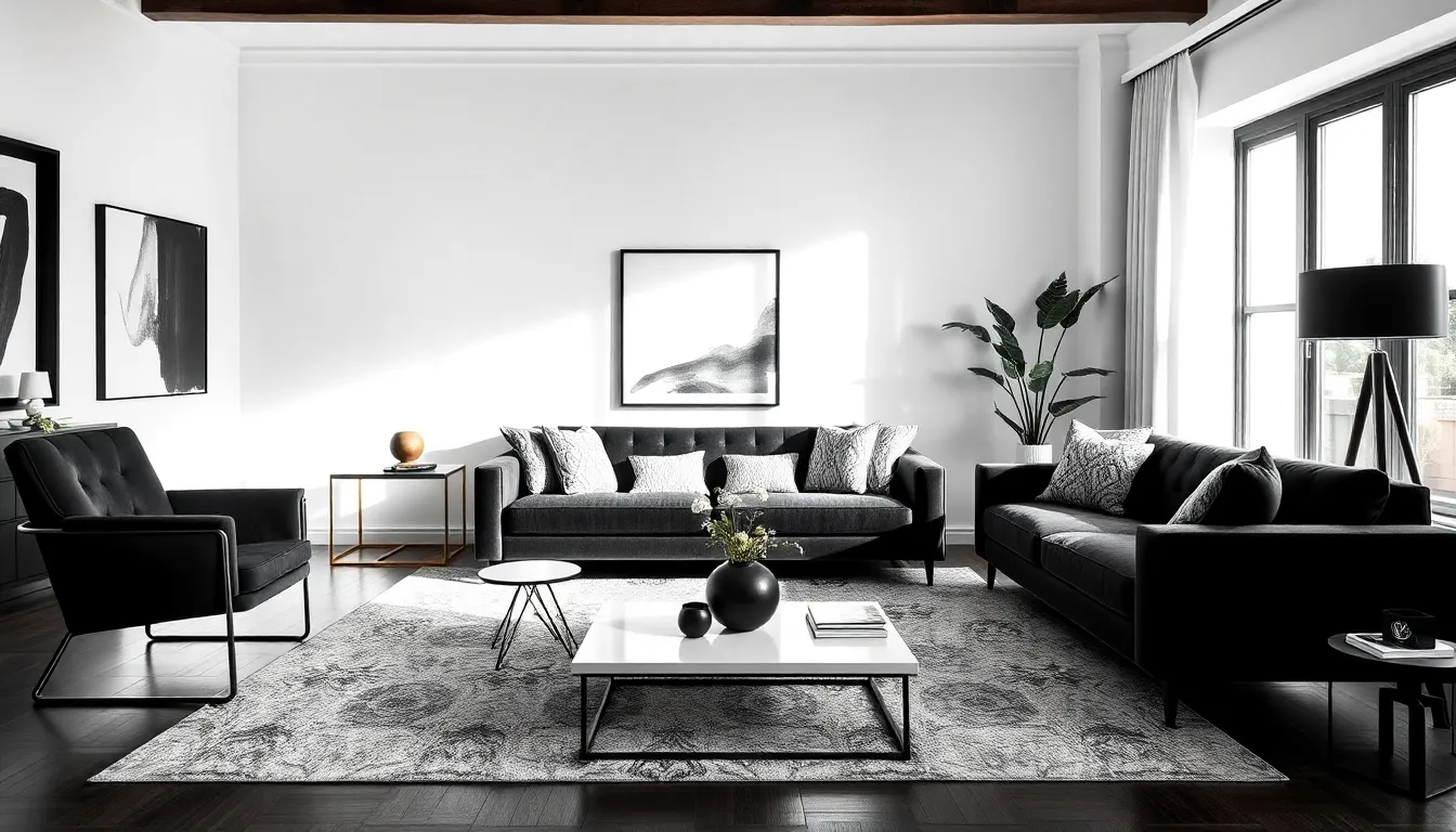 elegant black and white living room with modern and vintage decor.
