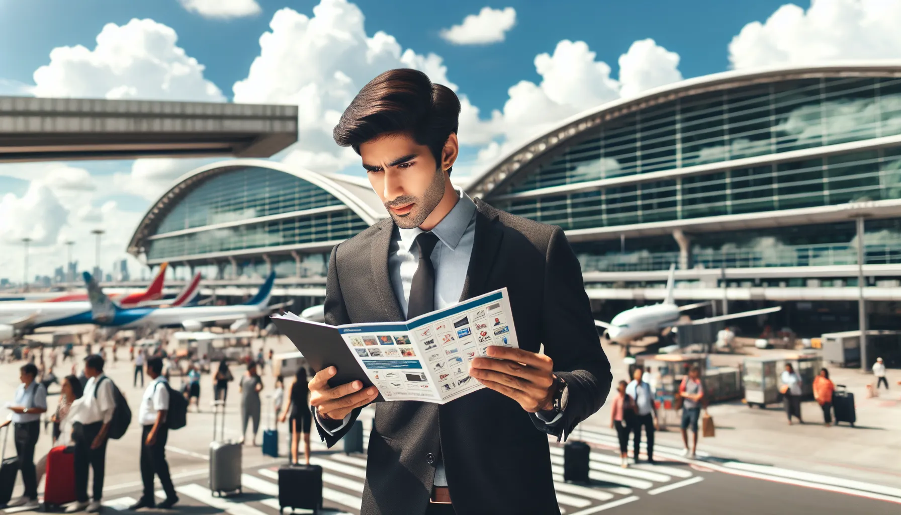 A person reviewing documents outside an airport terminal.