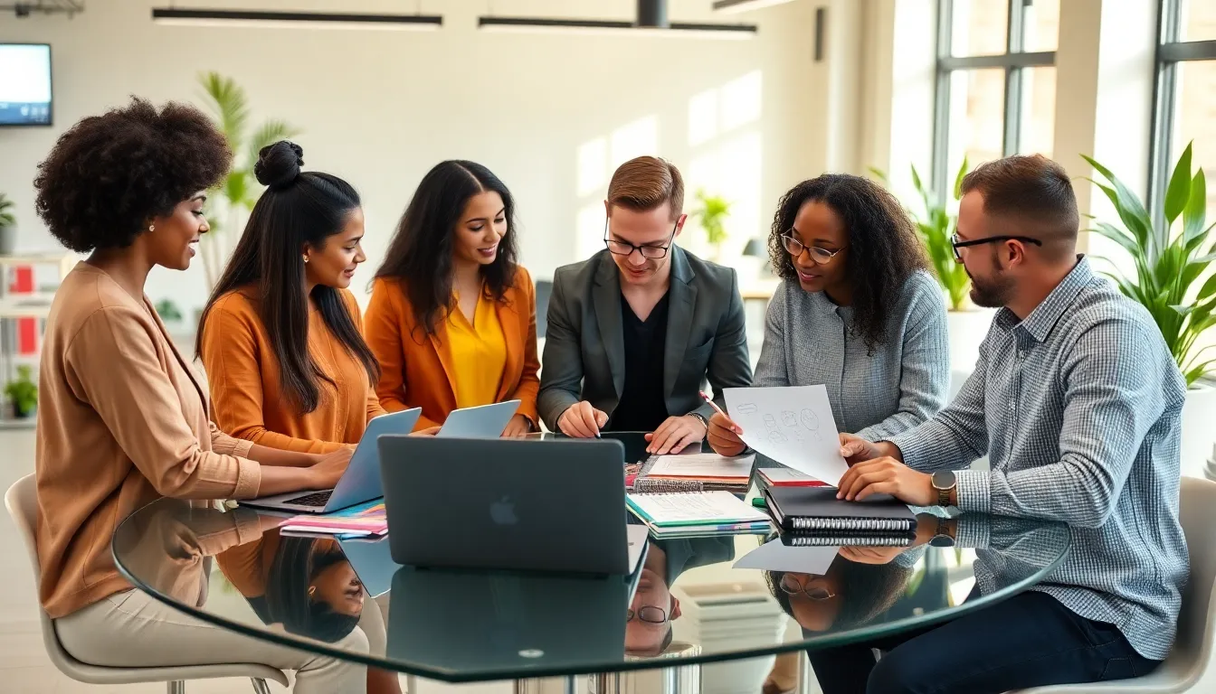 diverse professionals brainstorming in a modern workspace.