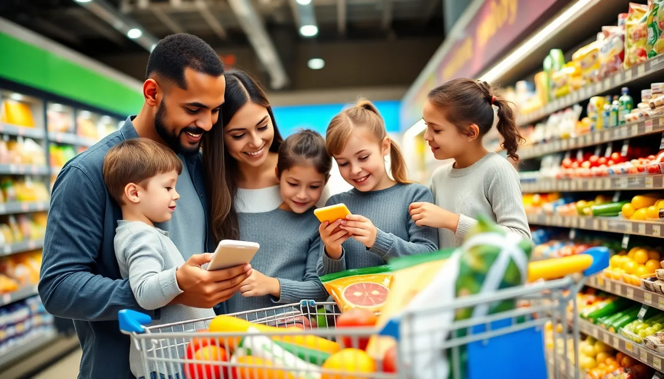 family shopping together in a modern grocery store.