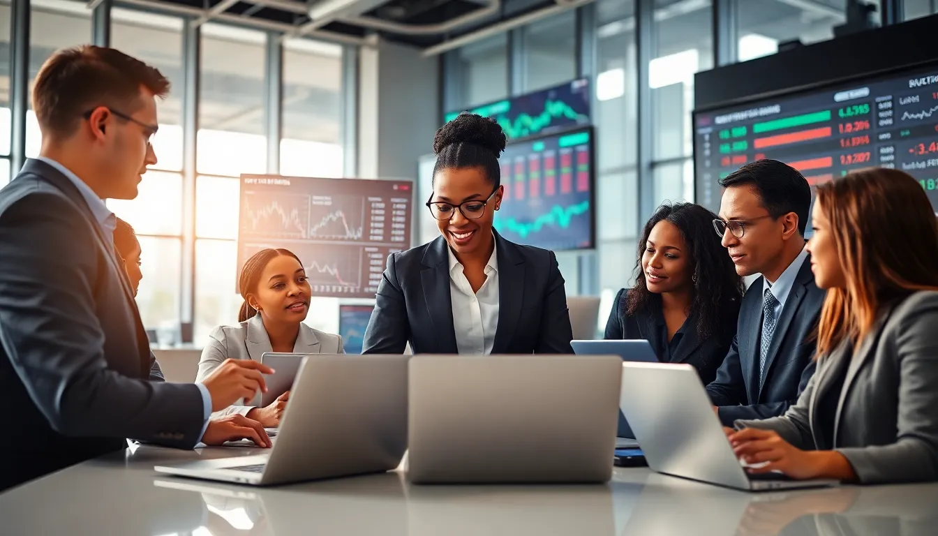 diverse traders analyzing economic data in a modern office.