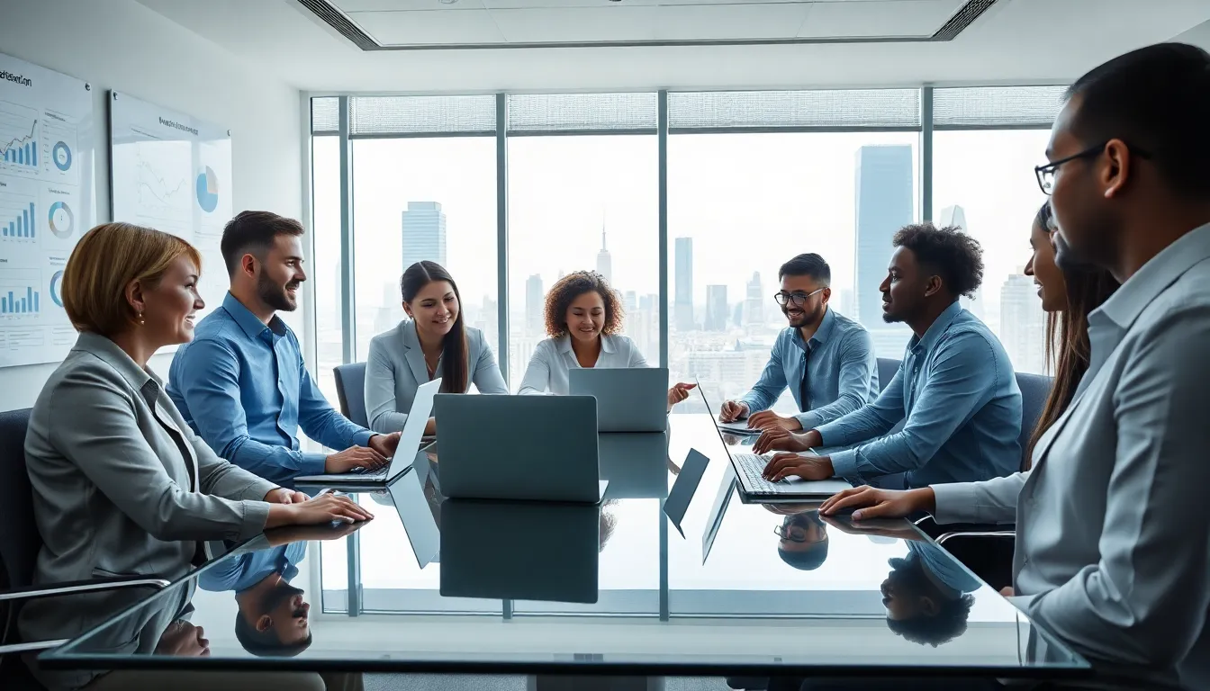 diverse team brainstorming in a modern office with digital marketing tools.