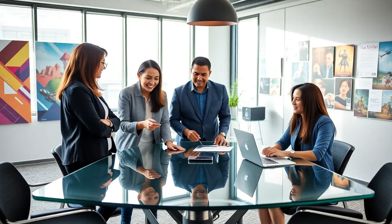 diverse team brainstorming in a modern office setting.